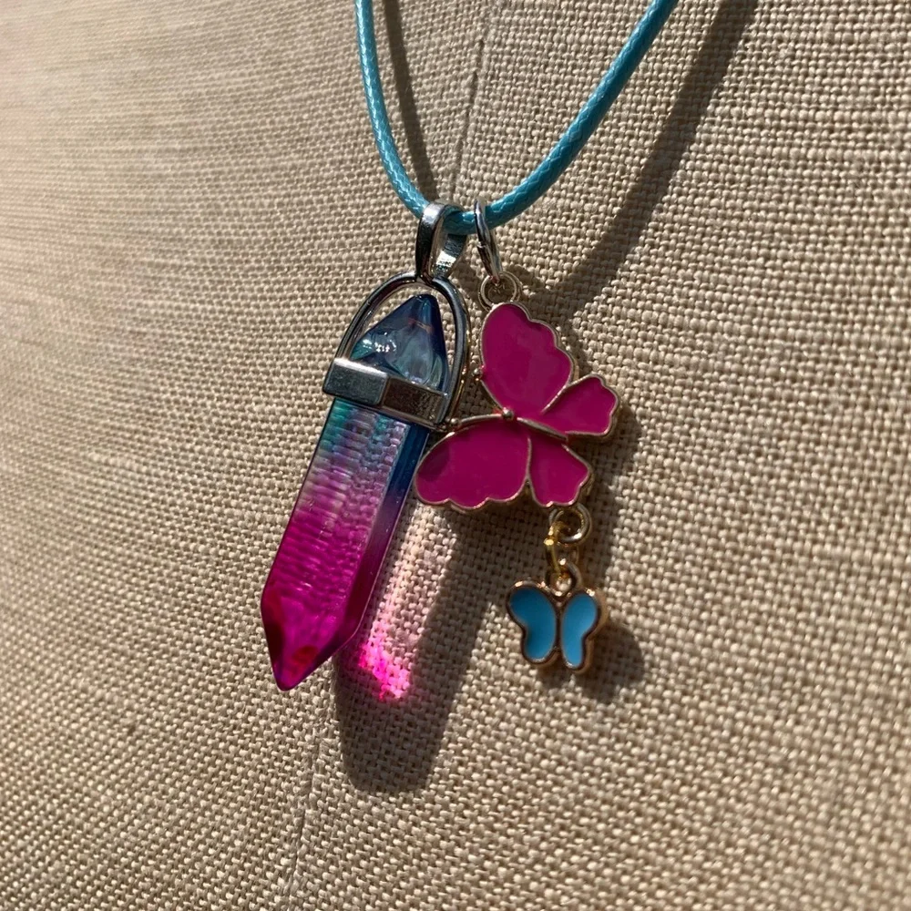 Handmade Cotton Candy Resin Crystal Amulet Necklace & Enamel Butterfly Charms - Picture 8 of 11